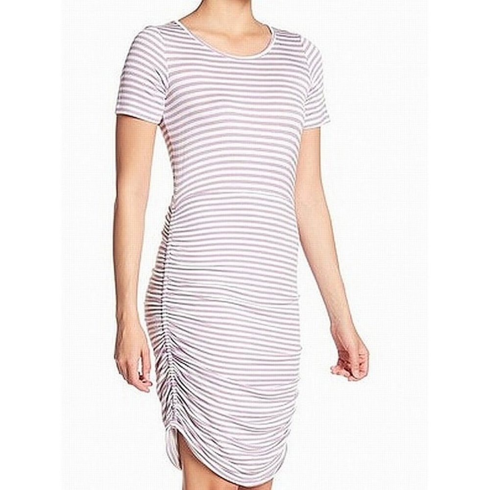 Pleione dress ruched NWOT, lounge purple stripe M